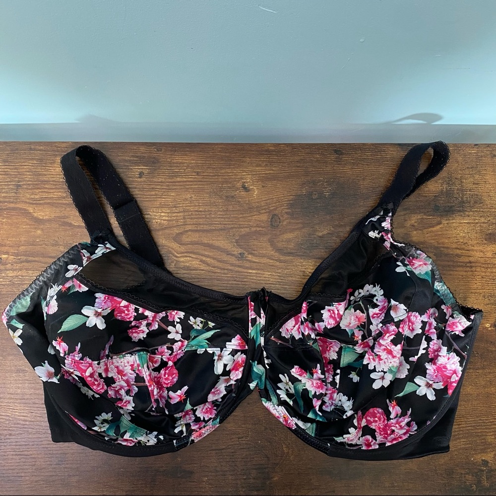 Black Floral Underwire Bra, 38J